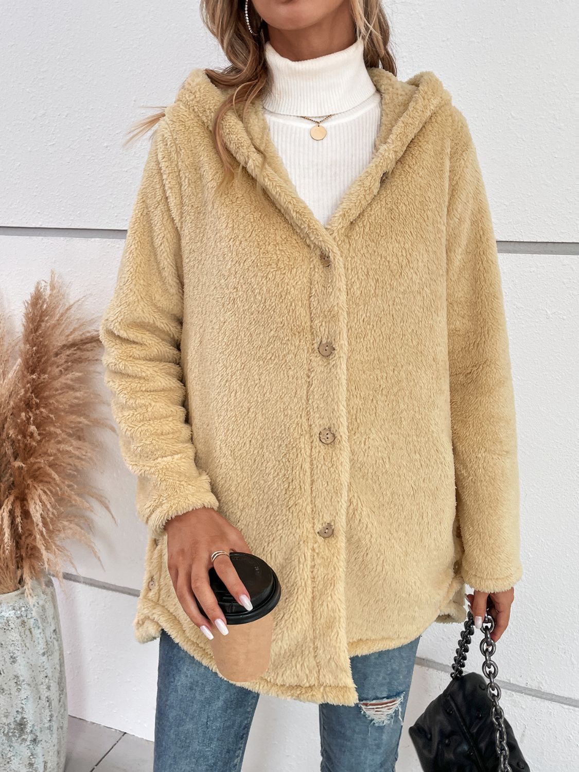 Fuzzy Button Up Hooded Jacket