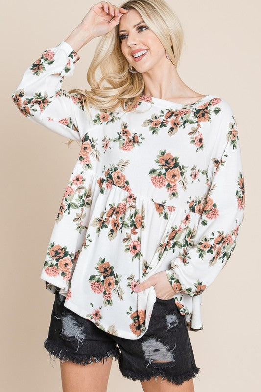 Super Lady Full Size Babydoll Floral Boat Neck Long Sleeve Blouse