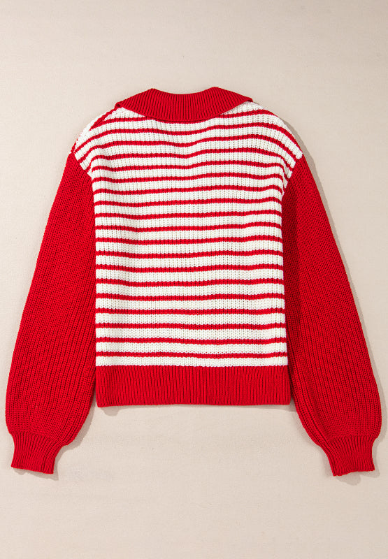 Striped Johnny Collar Long Sleeve Sweater