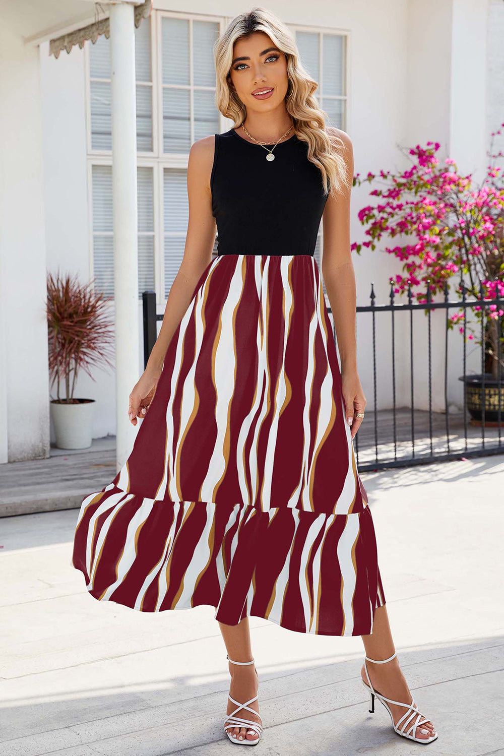 FULL SIZE Striped Round Neck Sleeveless Midi Dress