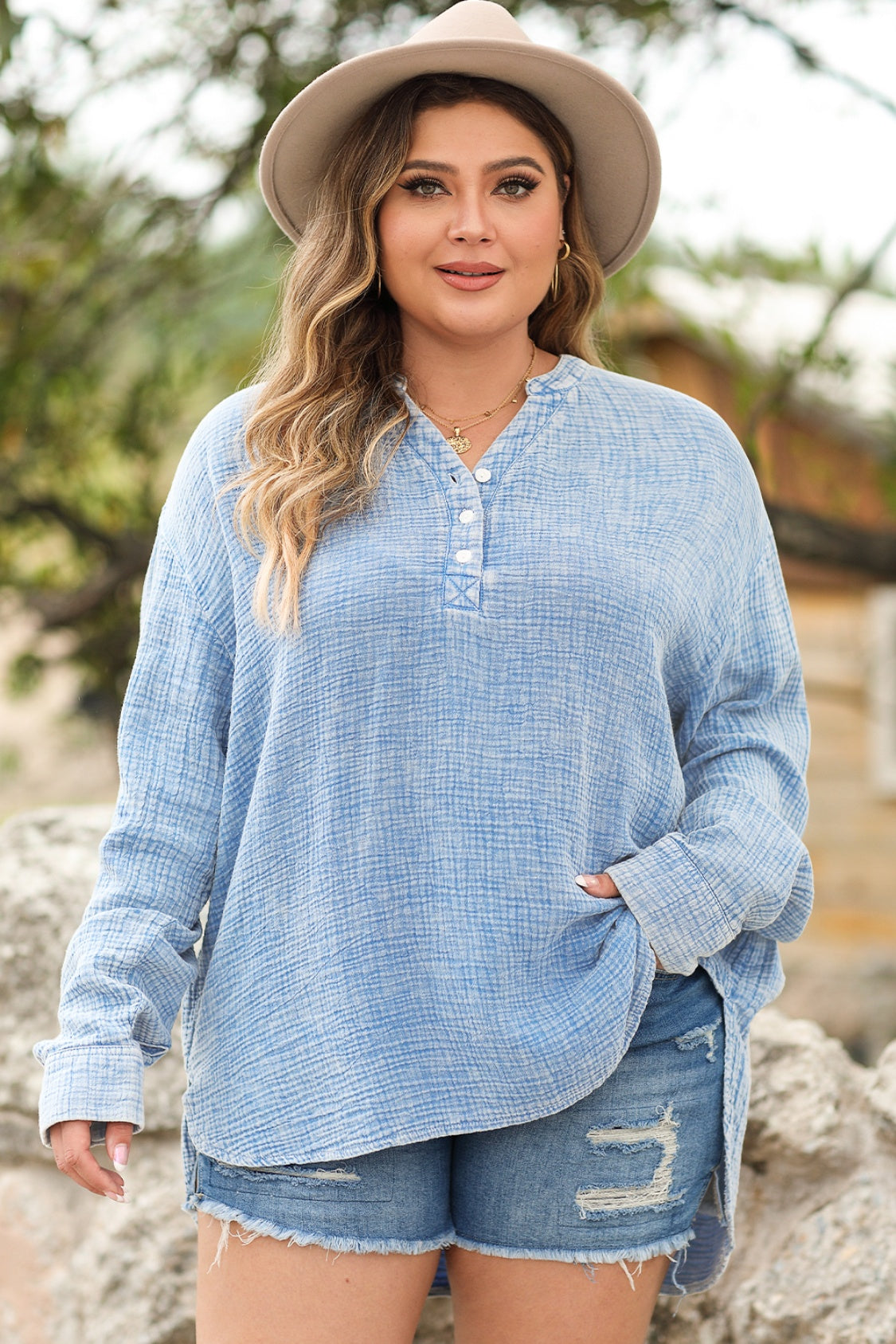 Plus Size Half Button Long Sleeve Blouse