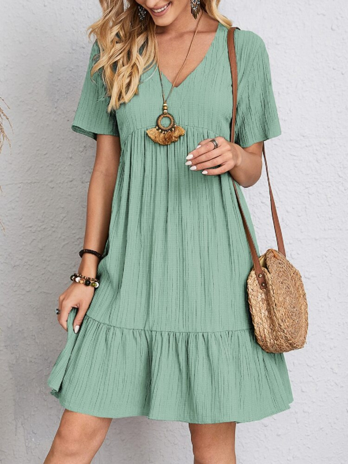 Full Size V-Neck Short Sleeve Mini Dress