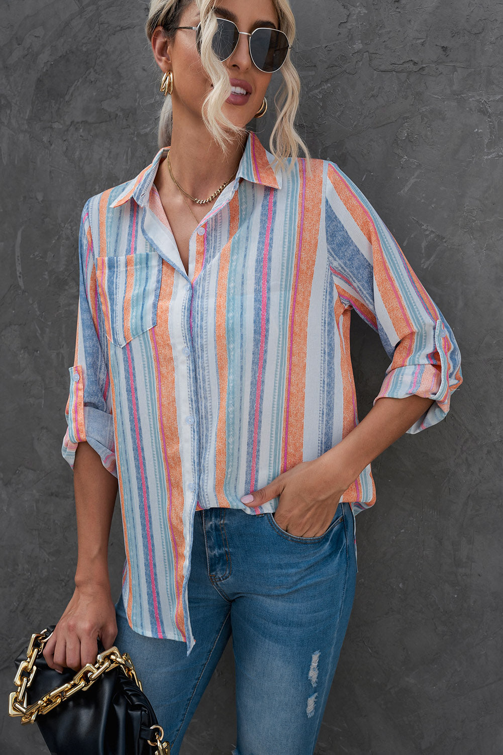 Striped Button-Up Curved Hem Shirt with Breast Pocket