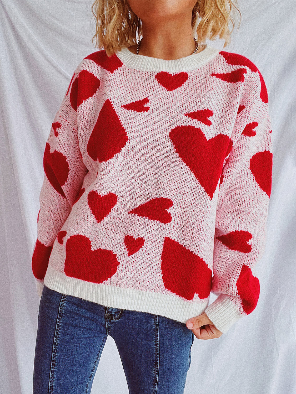 Heart Round Neck Long Sleeve Sweater