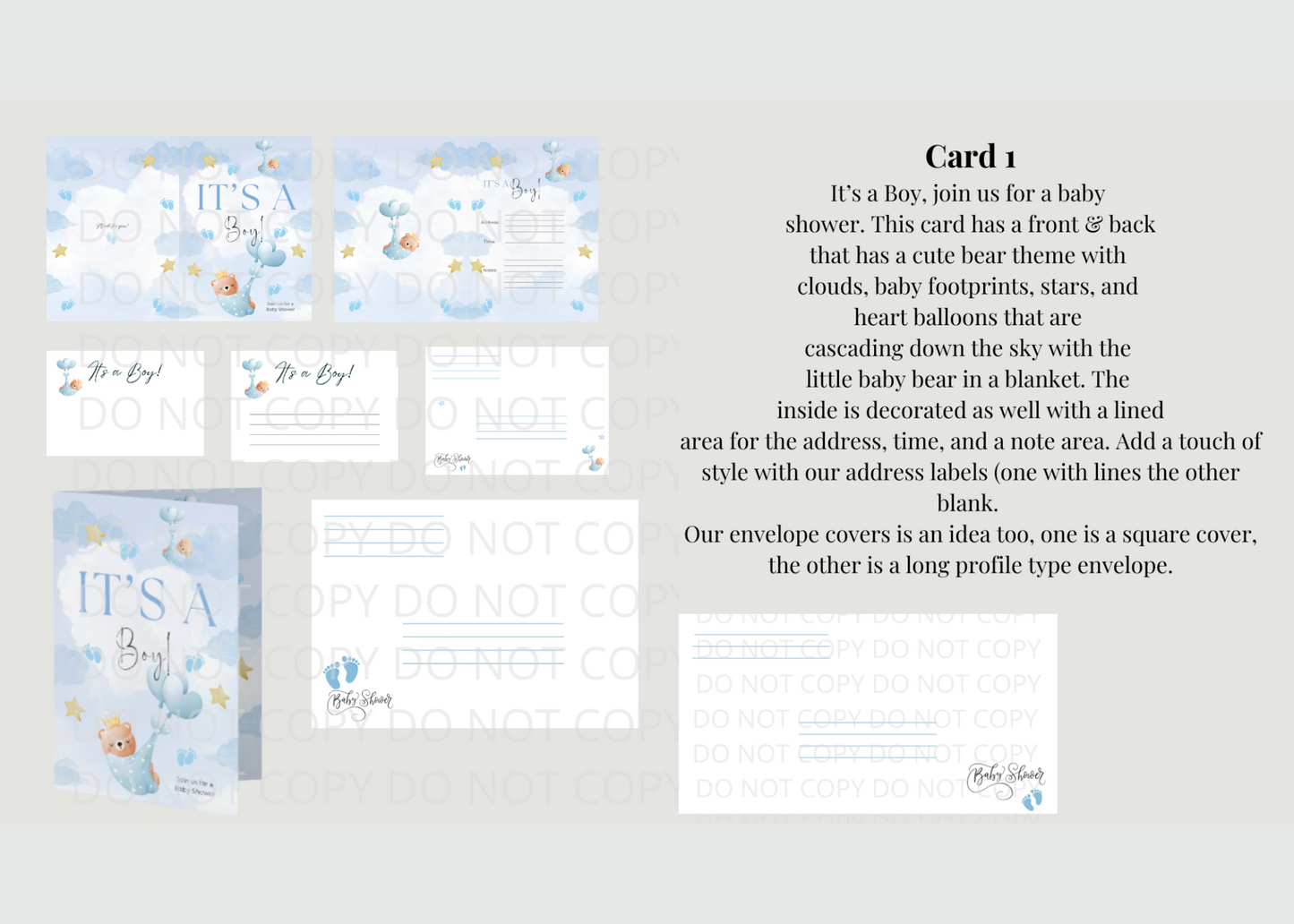 DIY Blue Baby Shower Cards "It's a Boy" 4 Card Complete Set in PDF, PNG, JPG, SVG