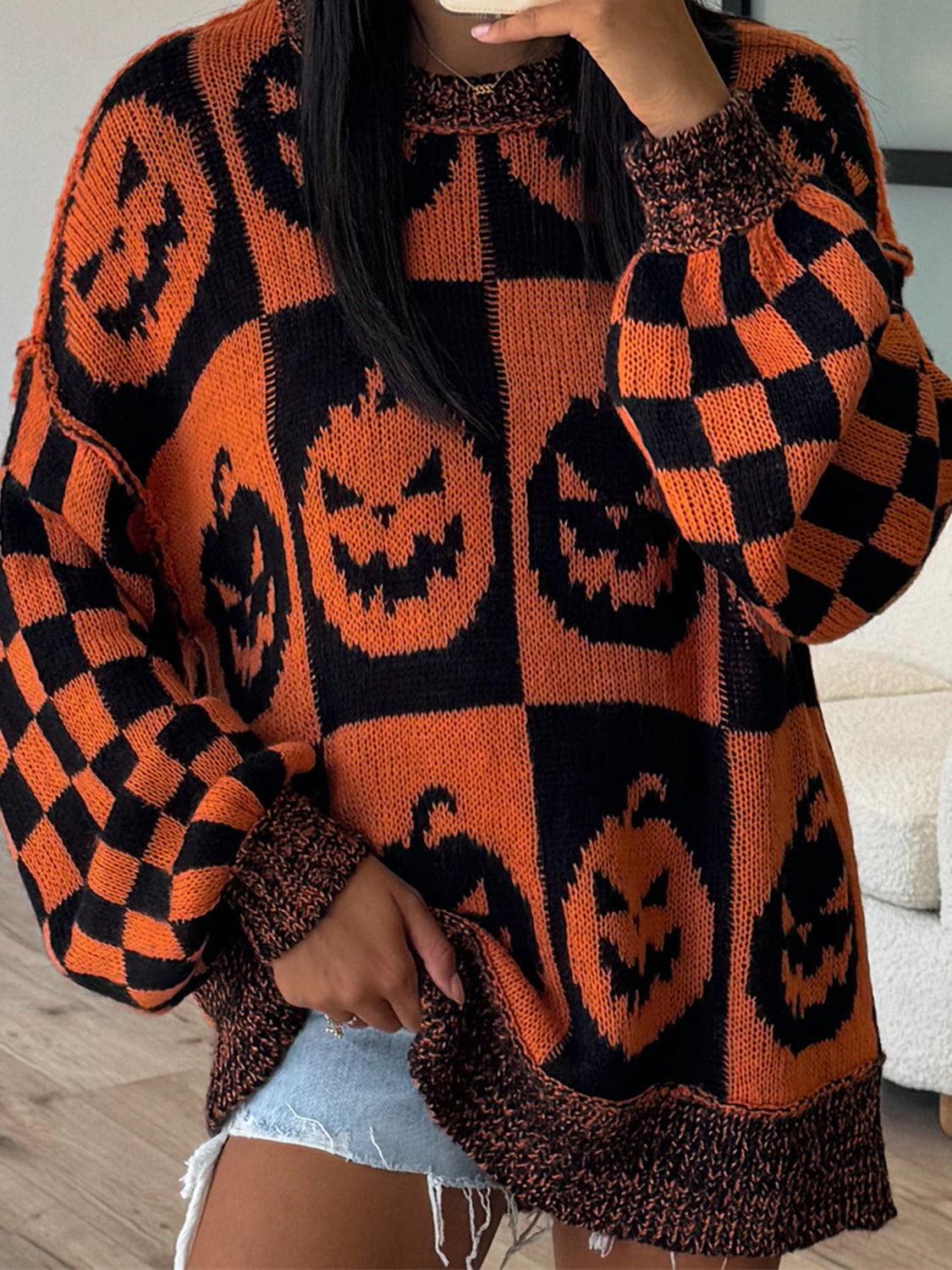 Exposed Seam Pumpkin Round Neck Long Sleeve Sweater