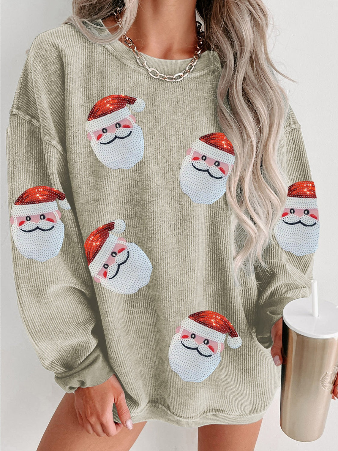 CHRISTMAS Sequin Santa Patch Ribbed Sweatshirt