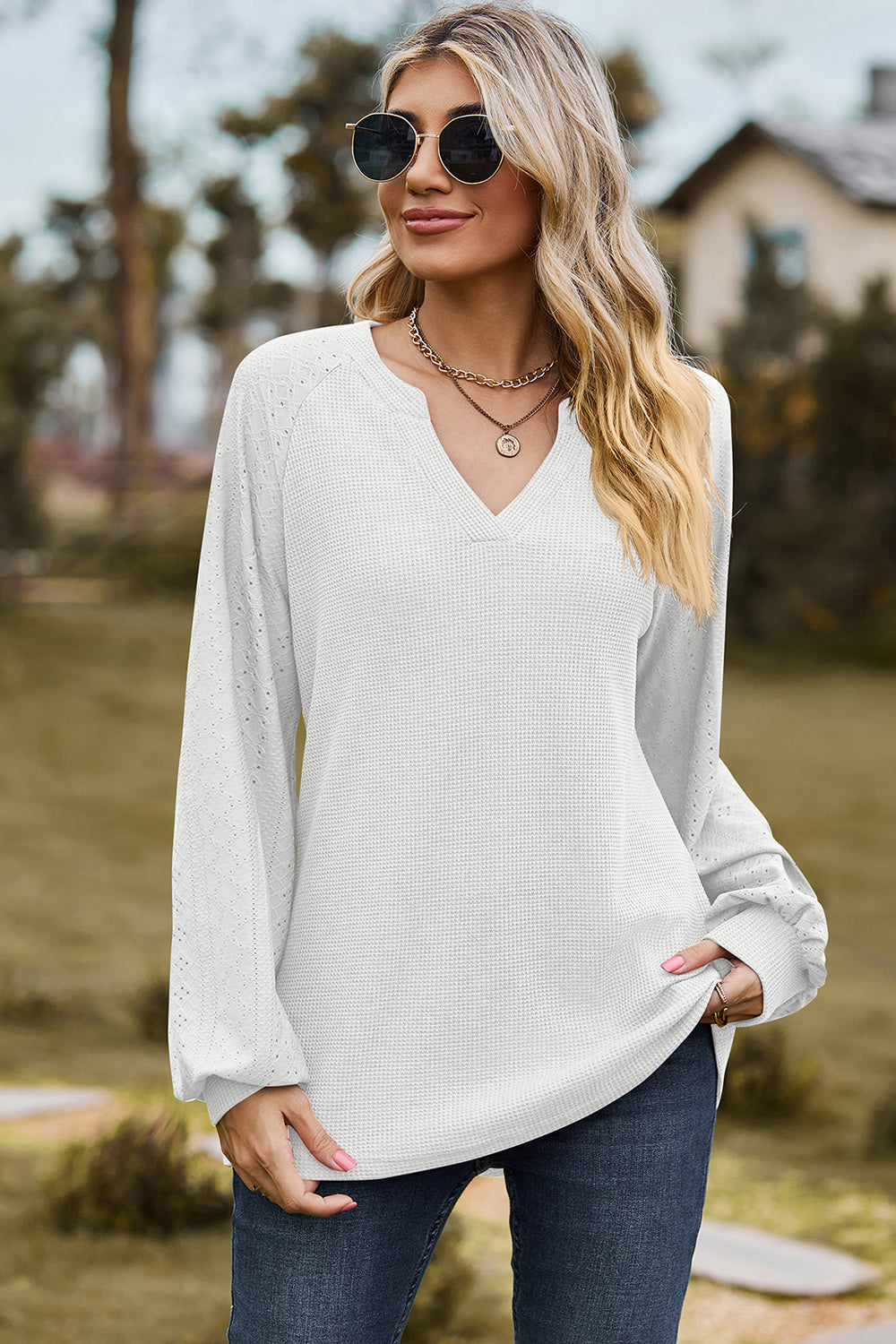 Eyelet Notched Raglan Sleeve T-Shirt