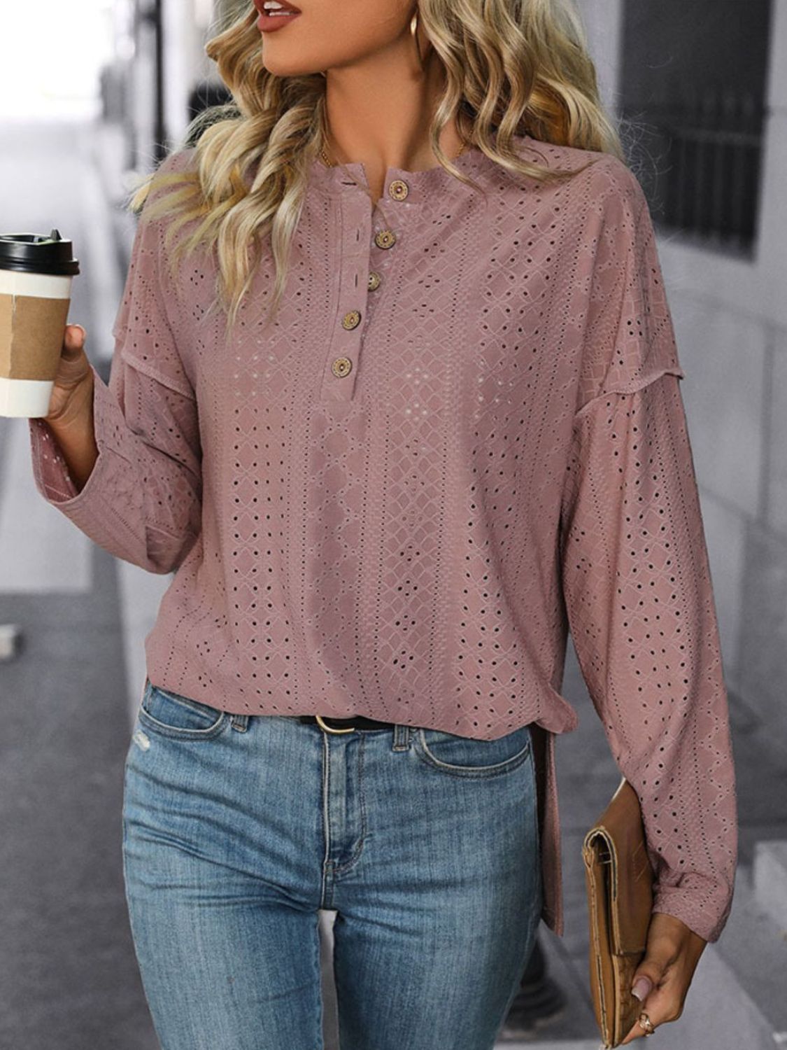 Eyelet Round Neck Long Sleeve Top