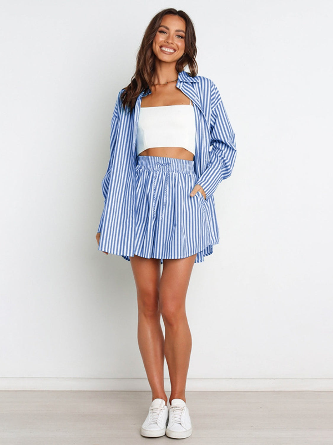 Full Size Striped Dropped Shoulder Shirt and Shorts Set