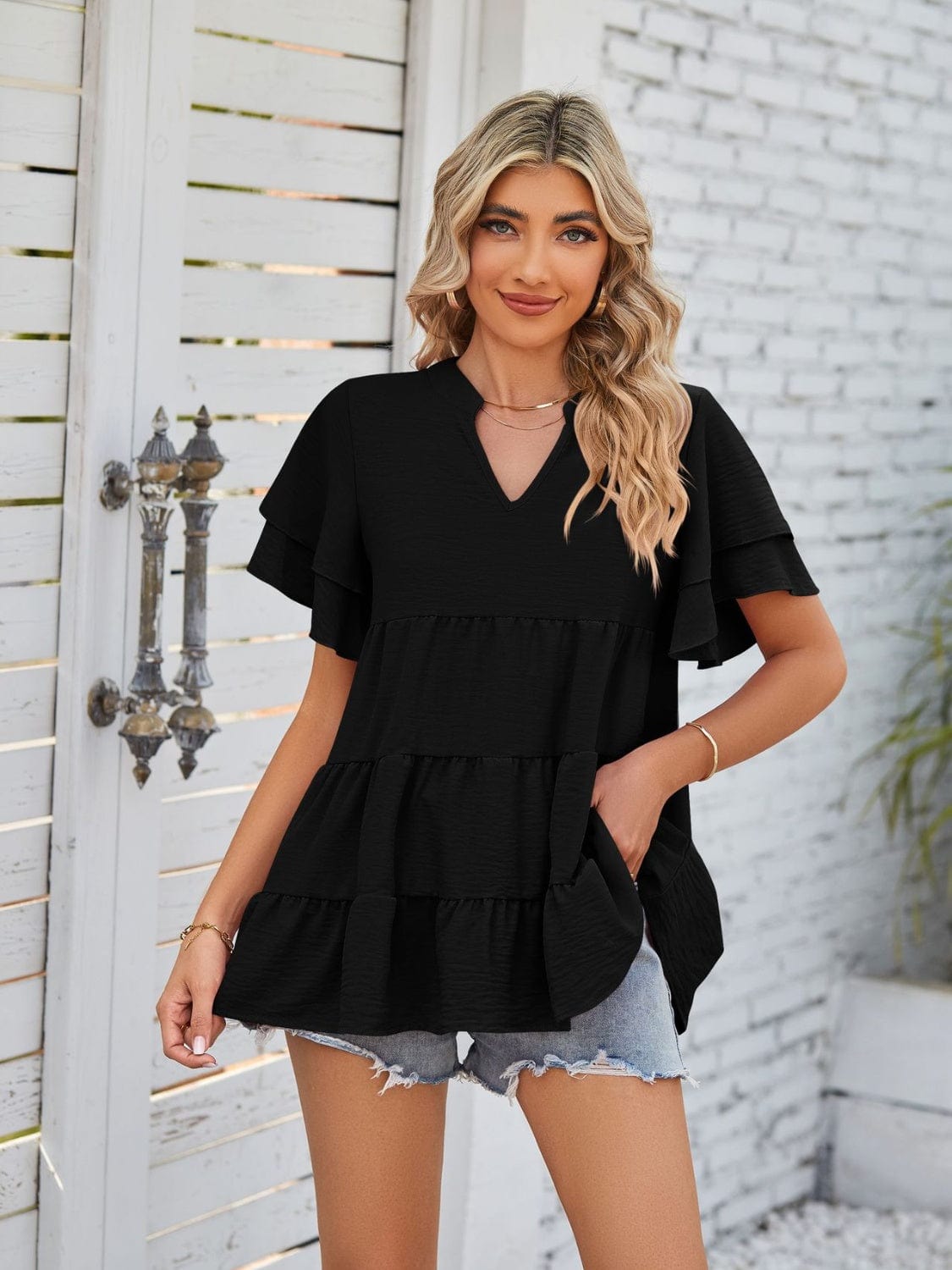 Full Size Tiered Notched Short Sleeve Blouse