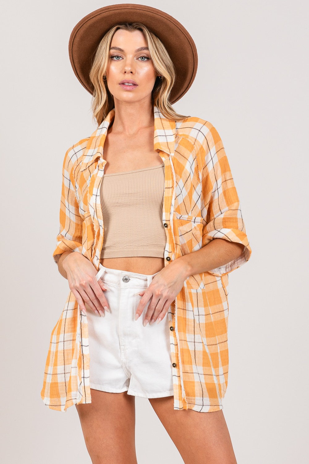 SAGE + FIG Plaid Apricot Button Up Side Slit Shirt