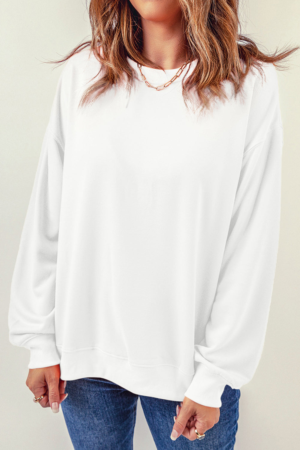 White Round Neck Dropped Shoulder Sweatshirt