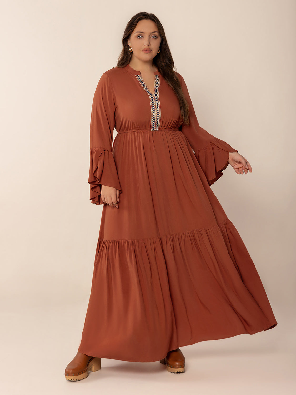 Plus Size Ruffled Notched Long Sleeve Midi Dress