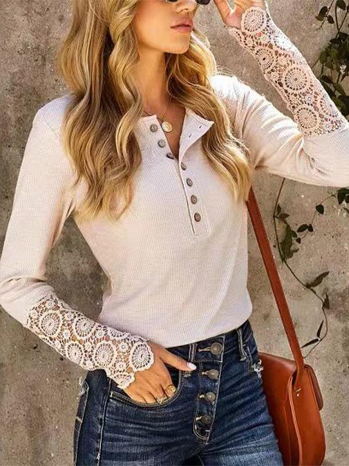 Lace Detail Half Button Round Neck Long Sleeve T-Shirt