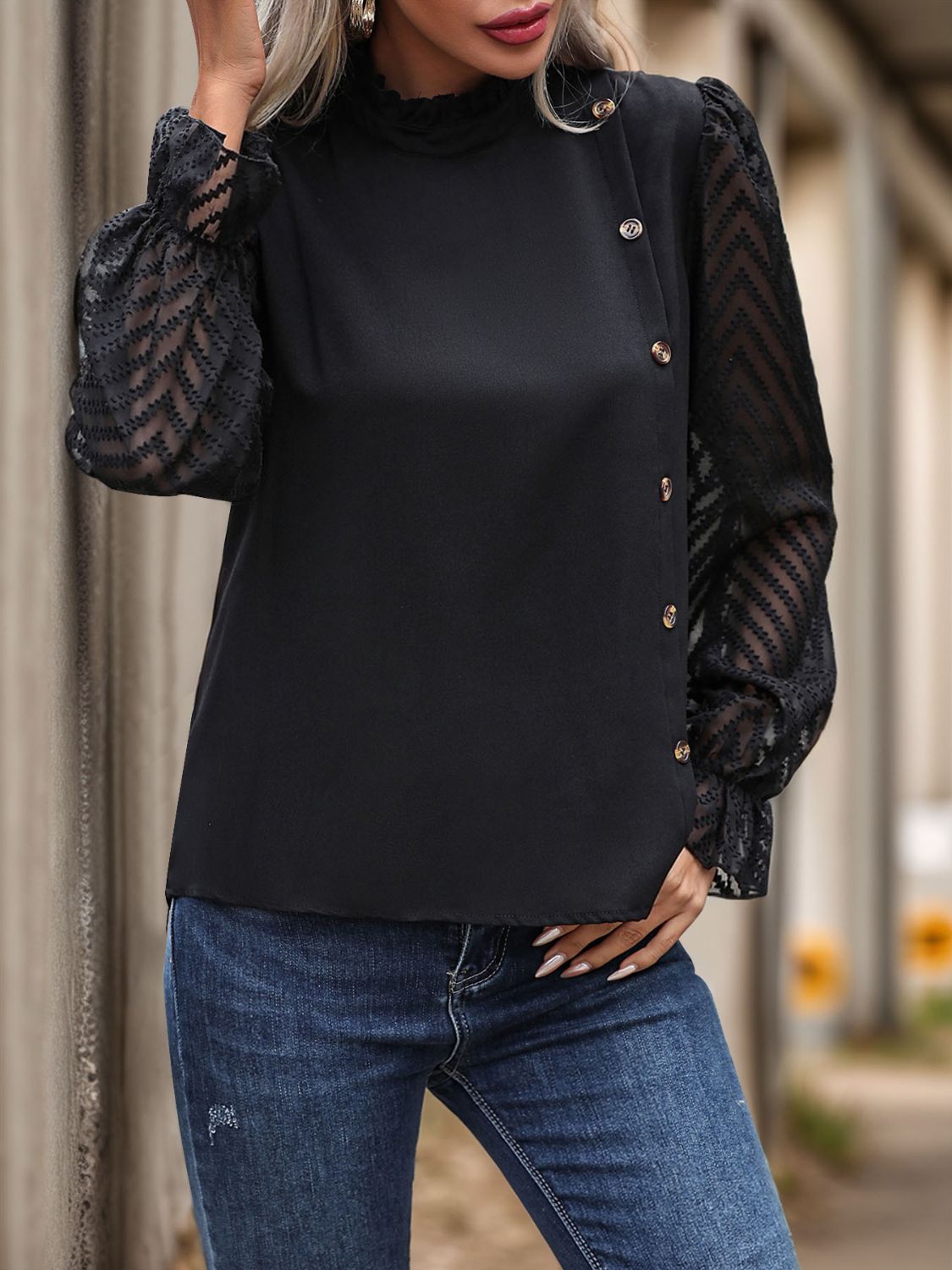 Perfee Mock Neck Flounce Sleeve Blouse