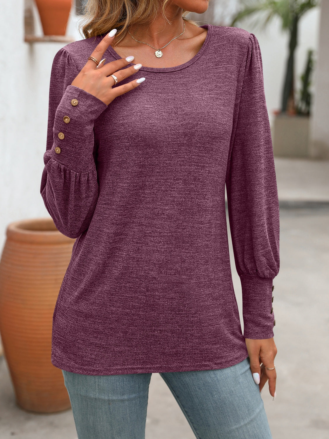 Full Size Decorative Button Round Neck Long Sleeve T-Shirt