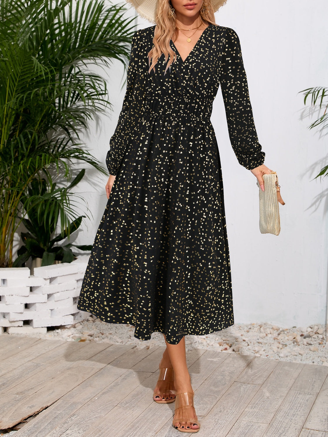 Printed Surplice Long Sleeve Midi Dress