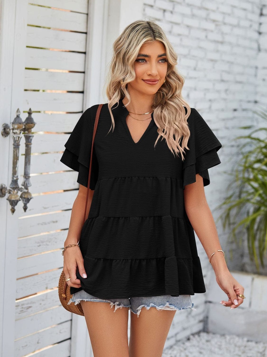 Full Size Tiered Notched Short Sleeve Blouse