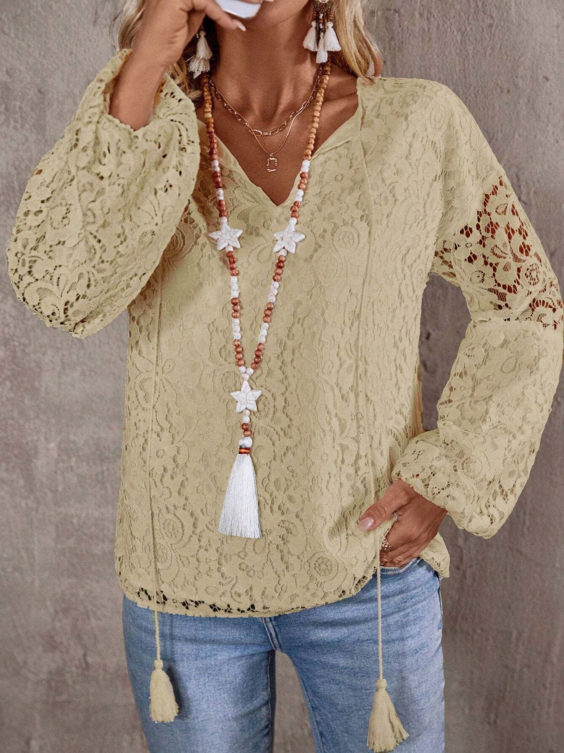 Lace Tie Neck Long Sleeve Blouse