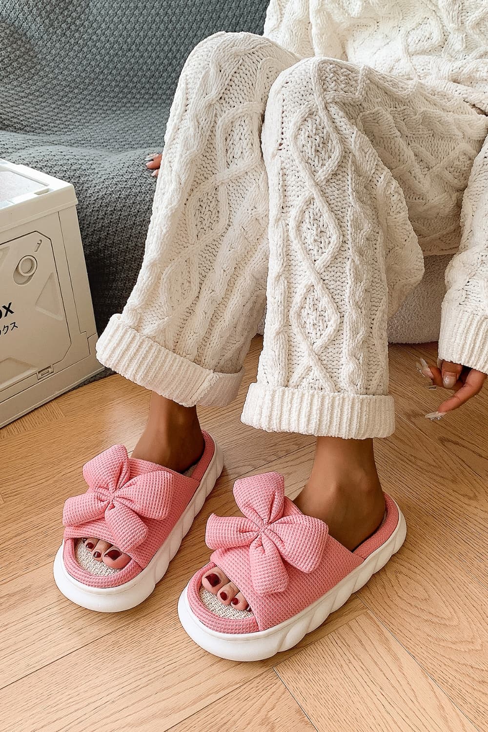 Bow Waffle-Knit Platform Slippers