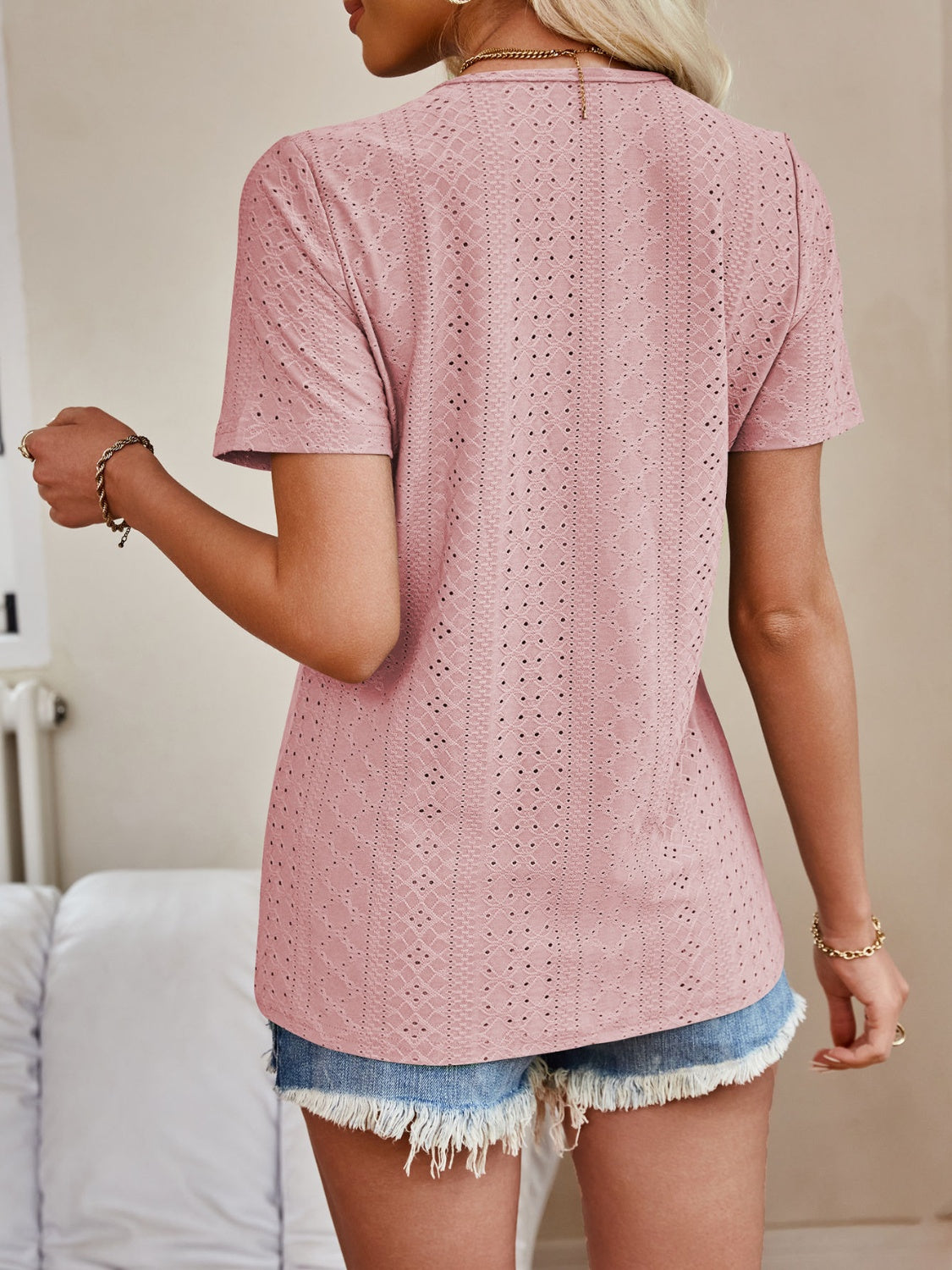 Full Size Eyelet V-Neck Short Sleeve Top