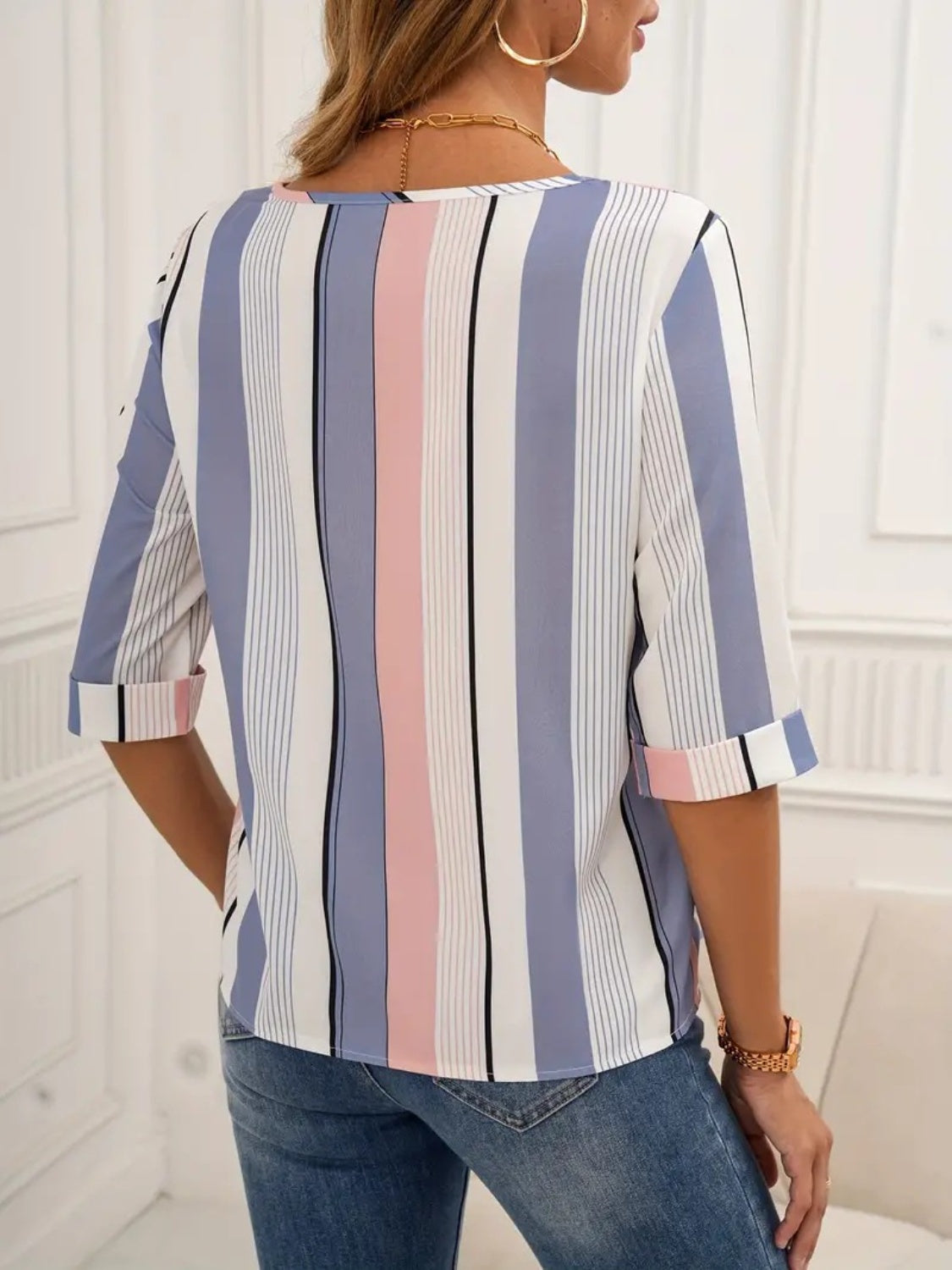 Full Size Contrast Stripes Round Neck Half Sleeve Blouse
