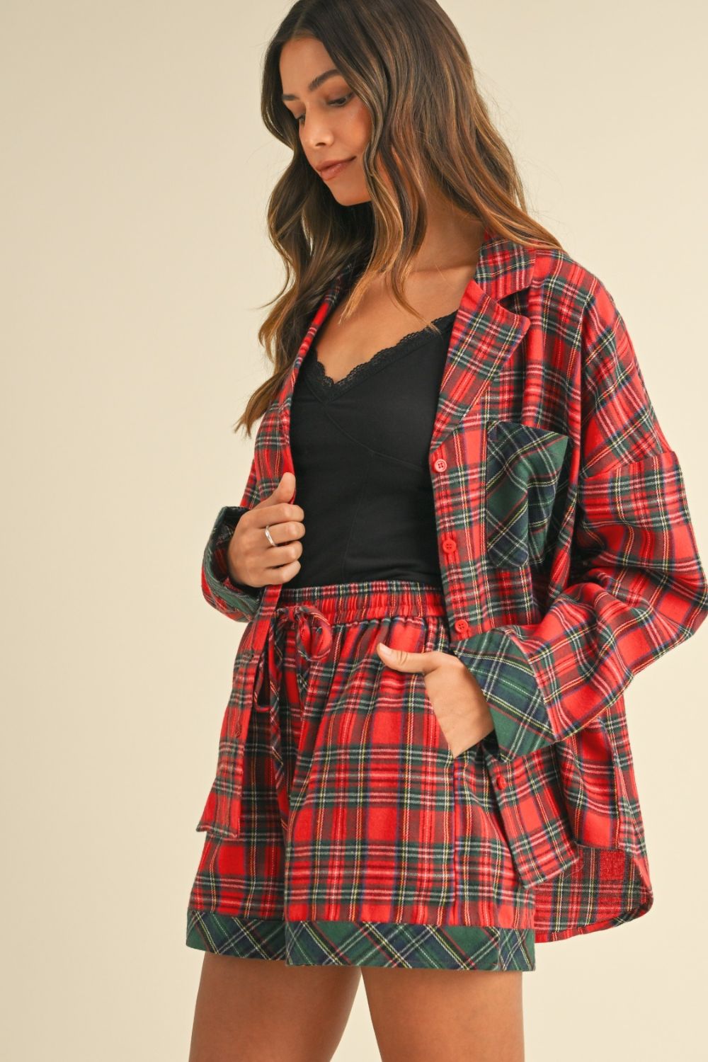 Annie Wear Contrast Plaid Long Sleeve Top and Shorts Set