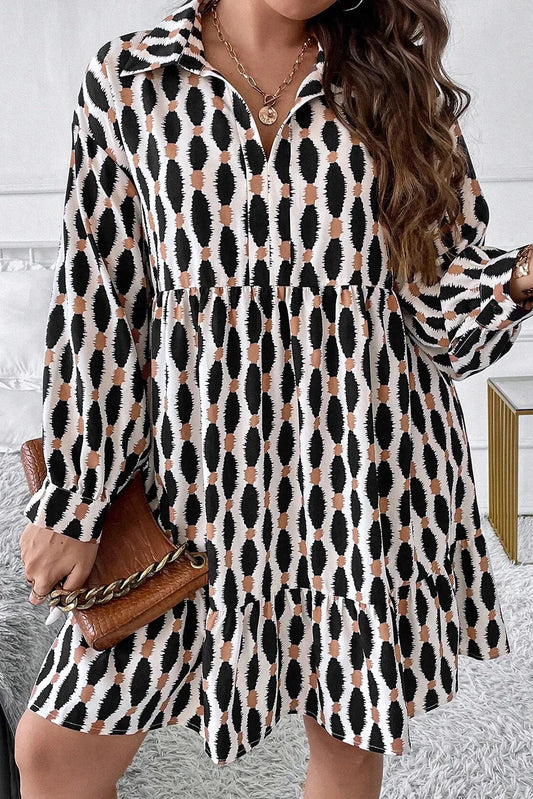 Plus Size Printed Johnny Collar Long Sleeve Dress