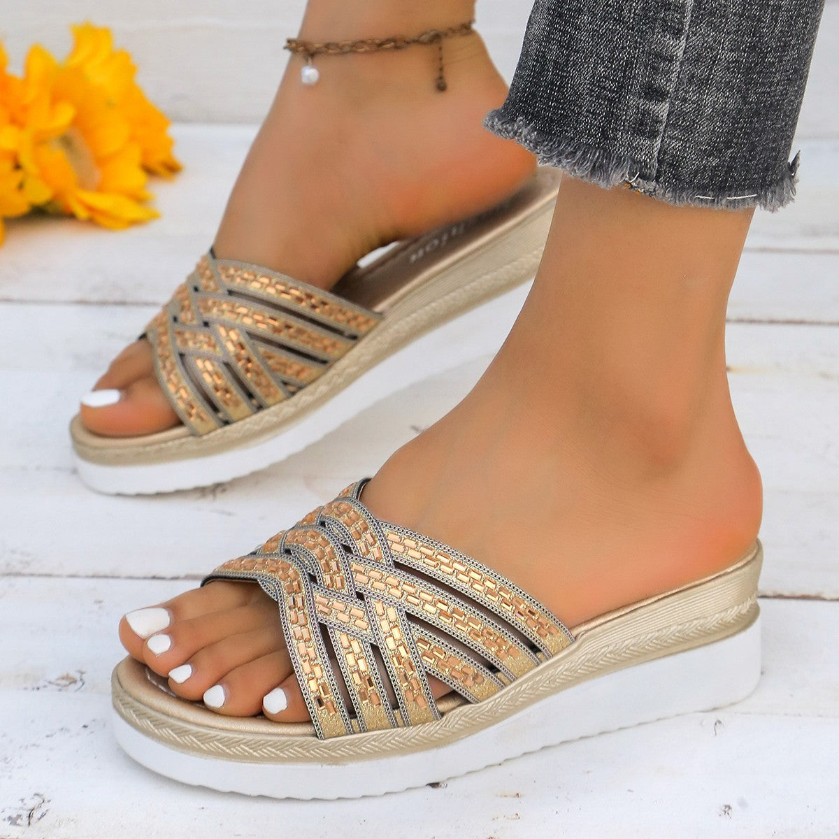 SaltySummer Rhinestone Open Toe Wedge Sandals