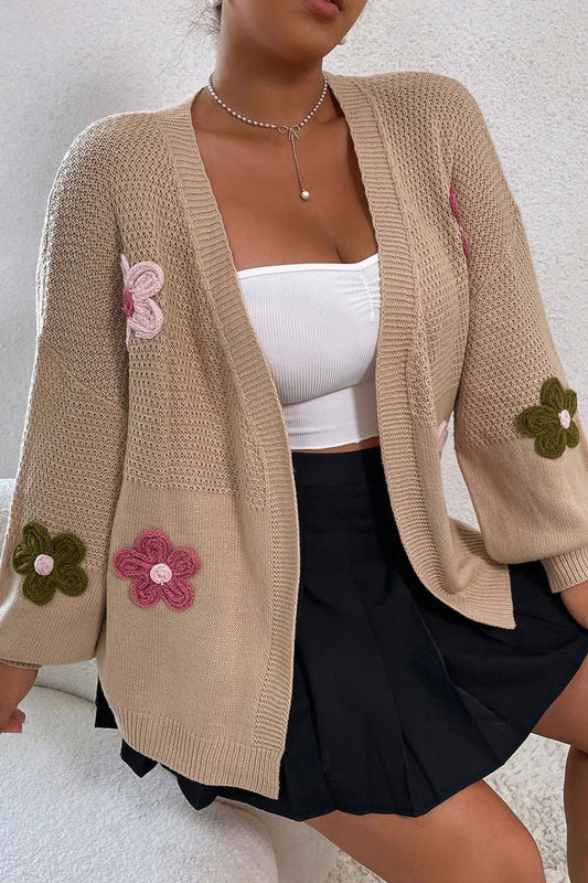 Floral Applique Drop Shoulder Open Front Cardigan