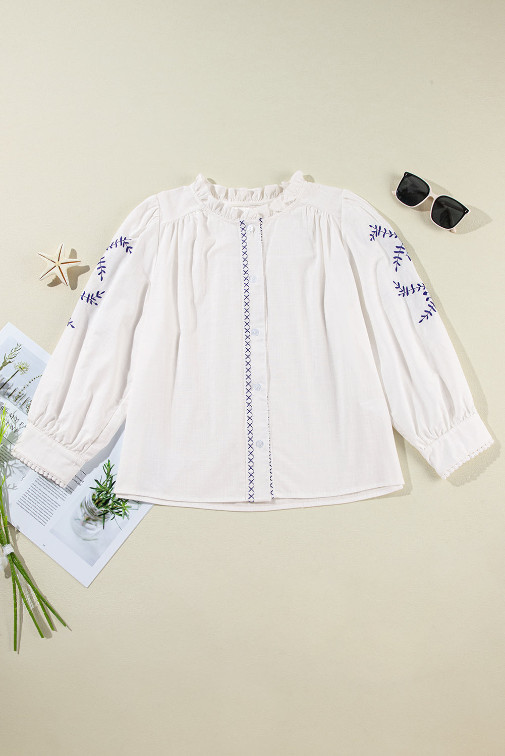 Embroidered Round Neck Long Sleeve Blouse