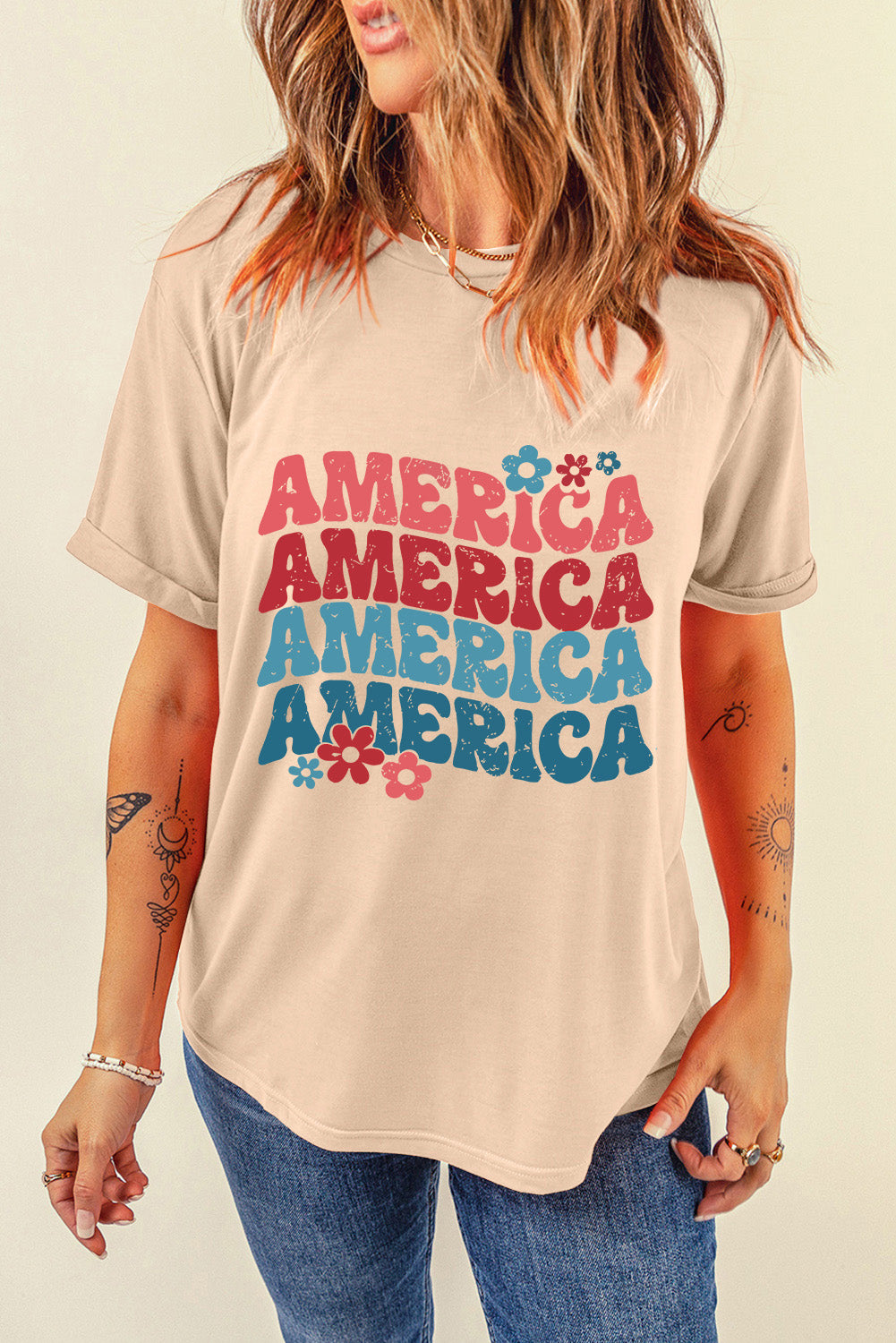 Full Size AMERICA Round Neck Short Sleeve Tan T-Shirt