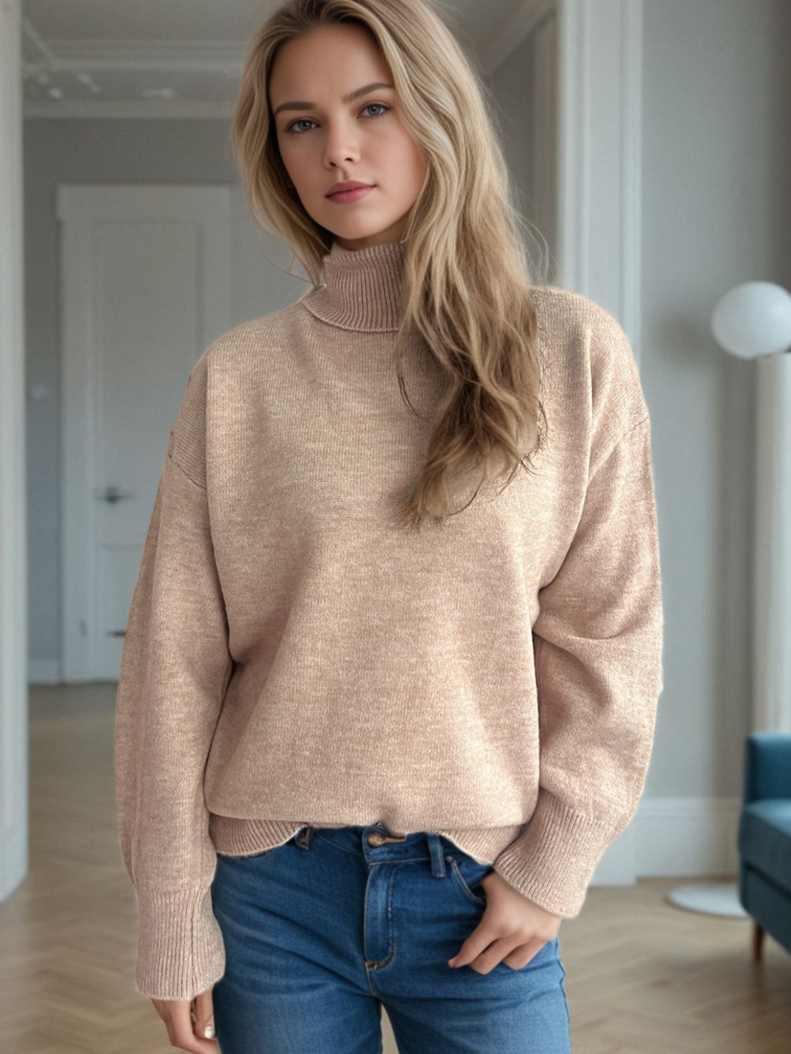 Turtleneck Dropped Shoulder Long Sleeve Sweater