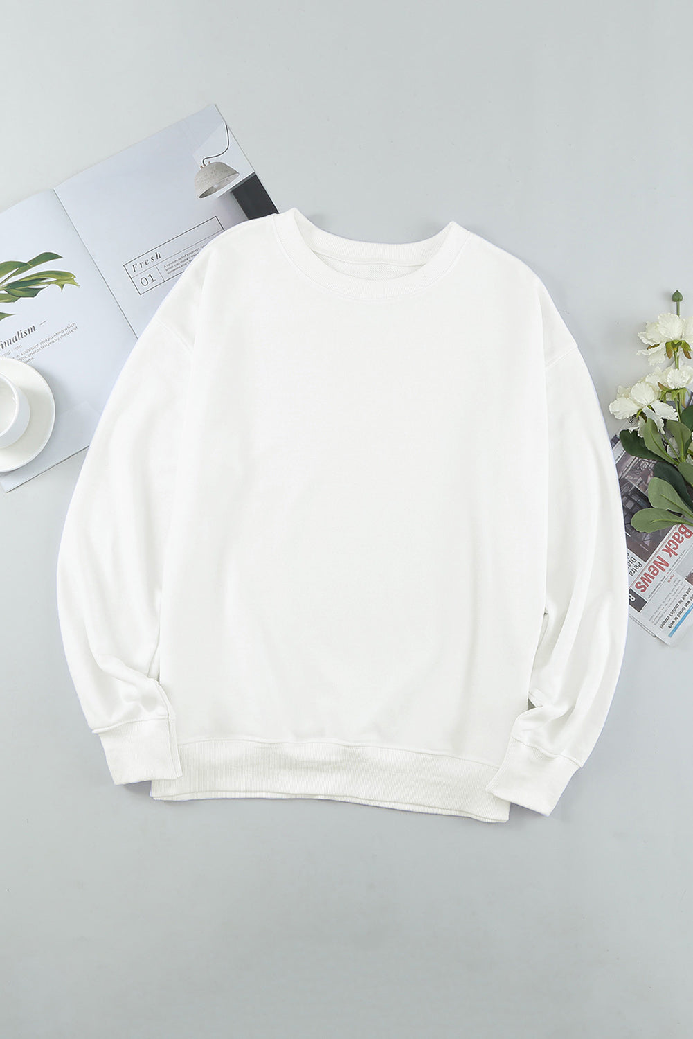 White Round Neck Dropped Shoulder Sweatshirt