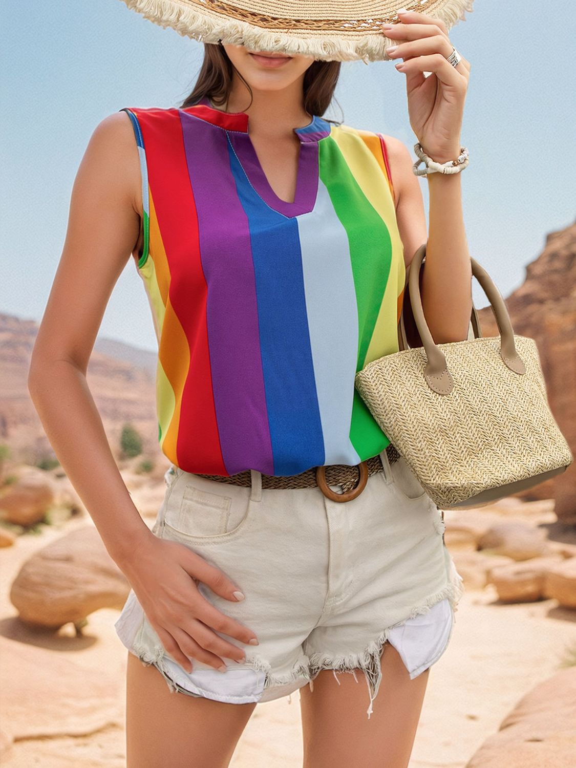 Color Block Notched Sleeveless Top
