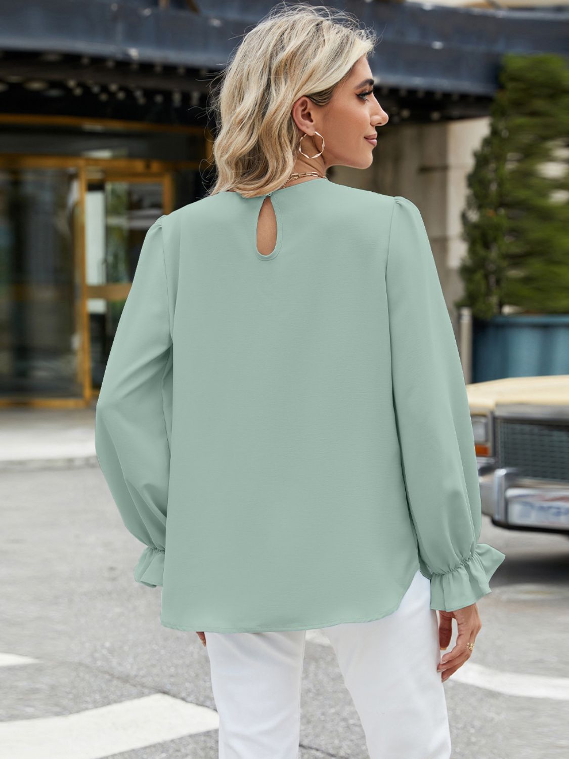 Round Neck Flounce Sleeve Top