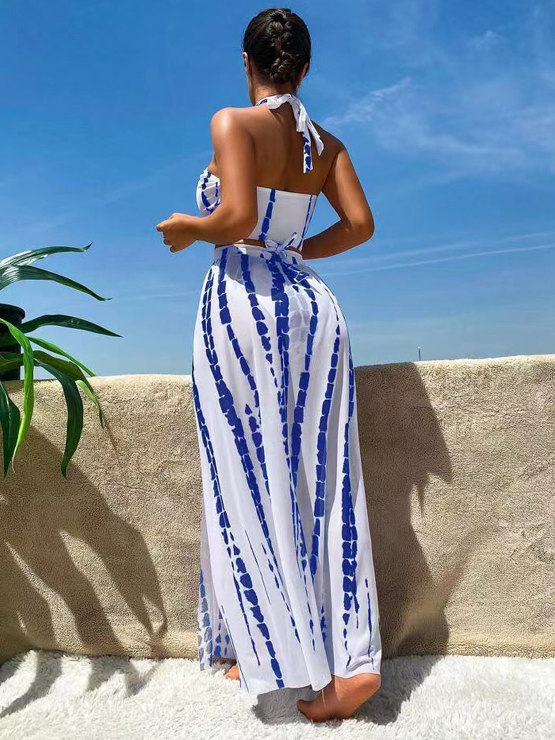 Printed Halter Neck Three-Piece Swim Set