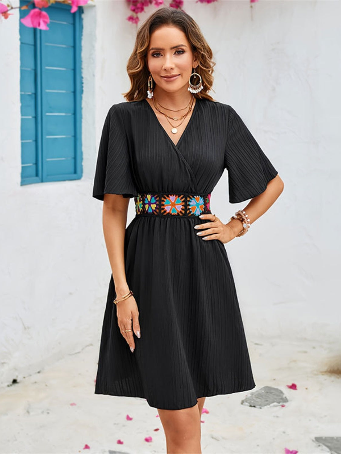 Black Surplice Flutter Sleeve Mini Dress