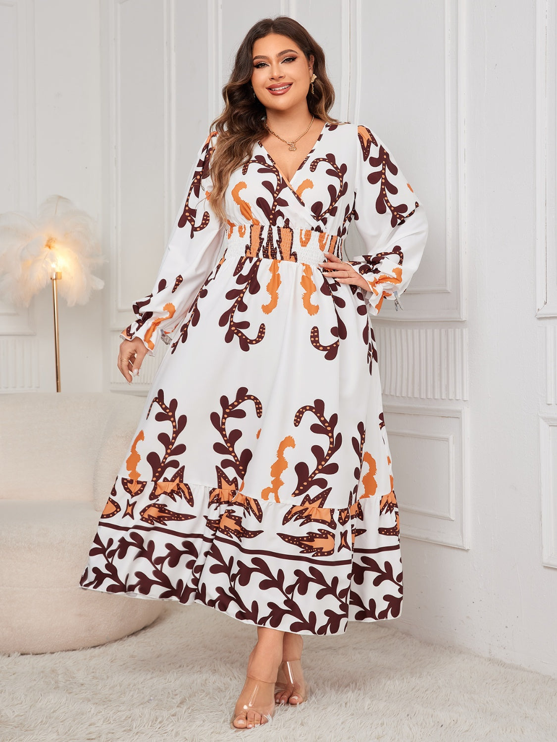 Plus Size Printed Surplice White Flounce Sleeve Dress