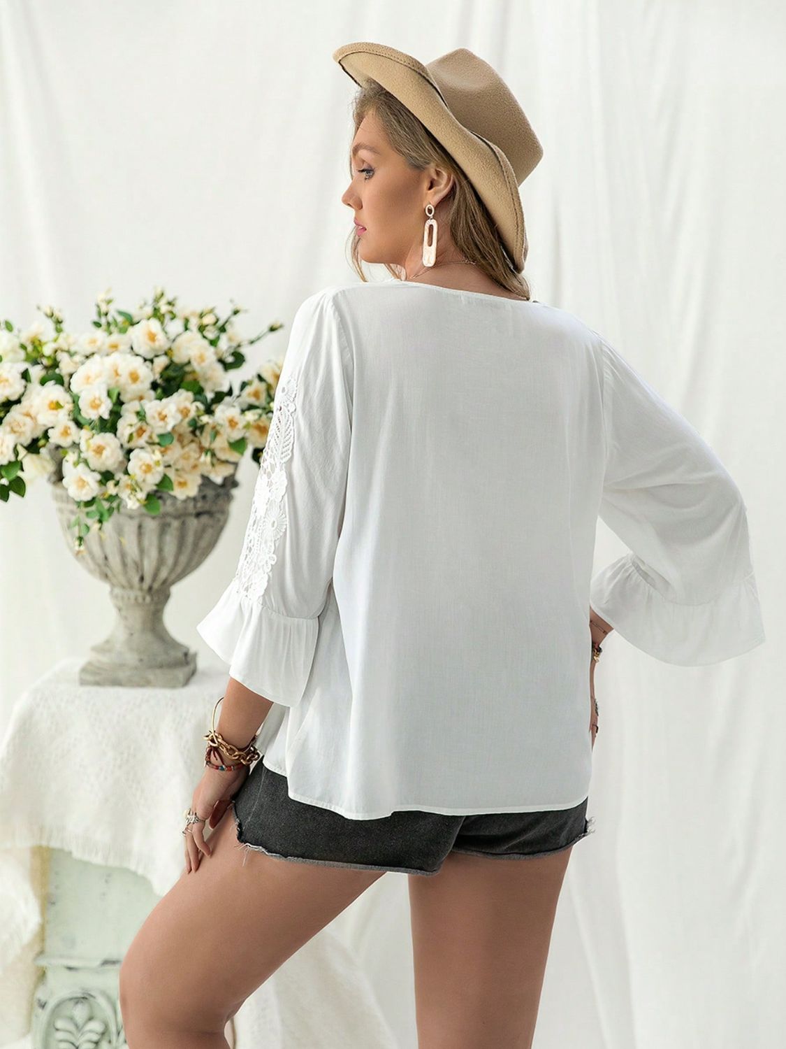 Plus Size Lace Detail V-Neck Three-Quarter Sleeve Blouse