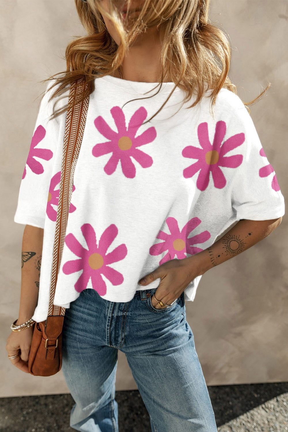 Full Size Flower Round Neck Half Sleeve T-Shirt