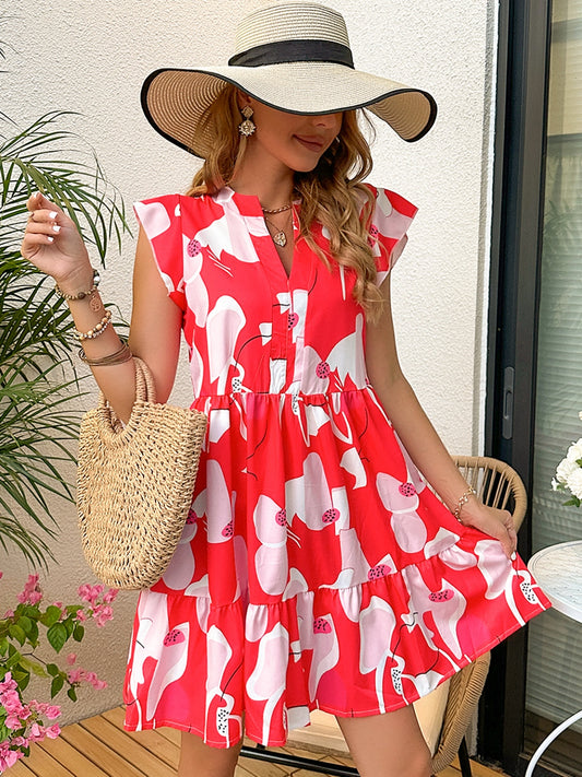 Printed Notched Cap Sleeve Mini Dress