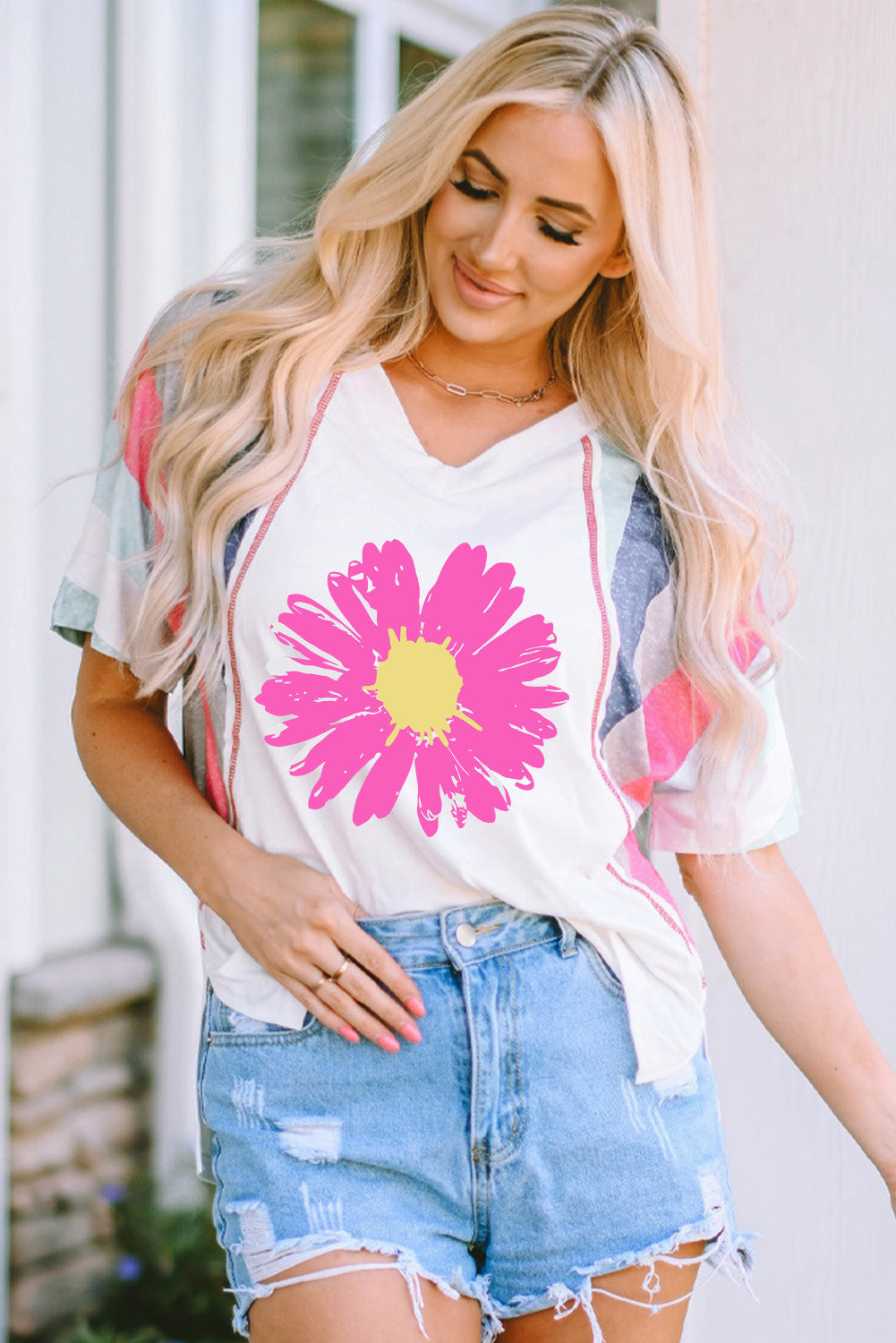 Daisy Graphic V-Neck Half Sleeve T-Shirt