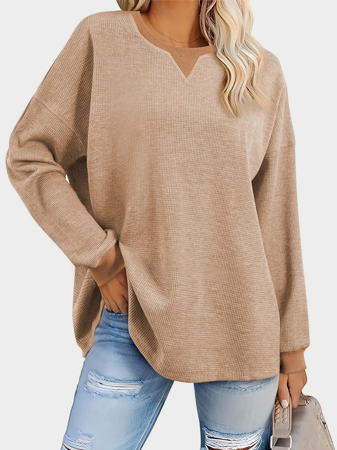 Waffle Knit Round Neck Long Sleeve T-Shirt