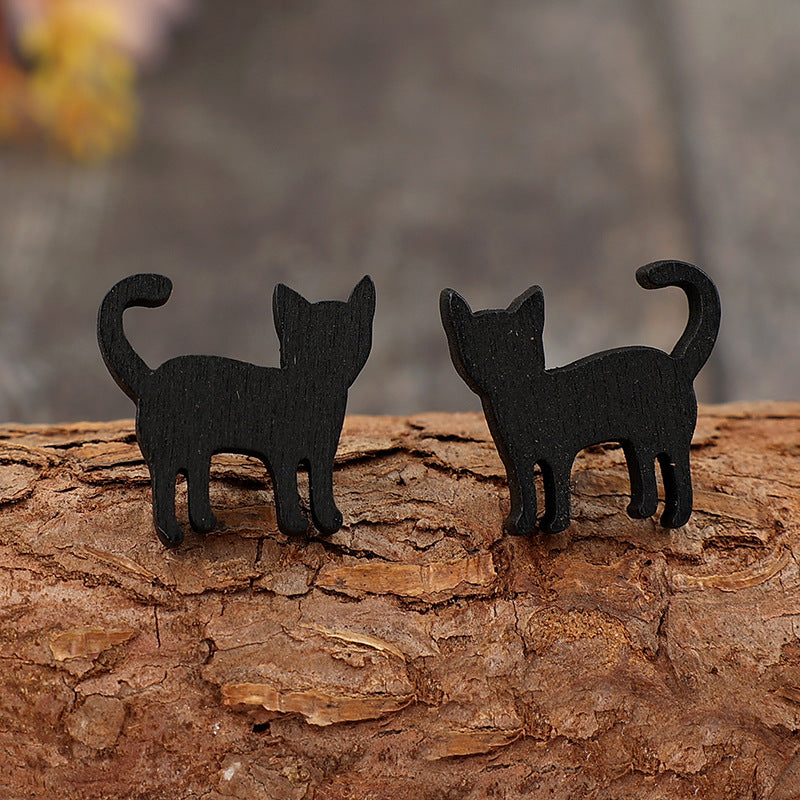 Cat Wooden Alloy Earrings