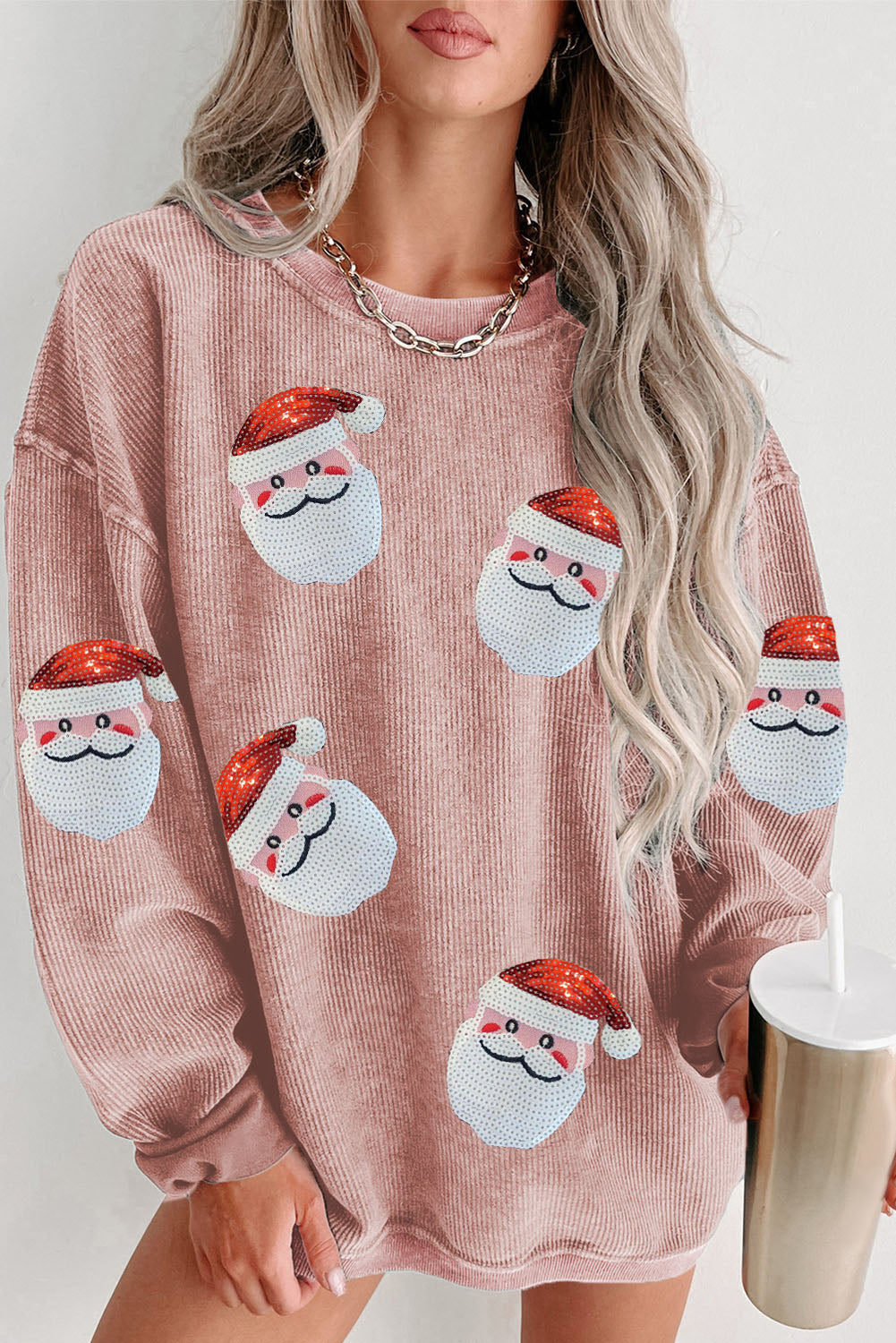 CHRISTMAS Sequin Santa Patch Ribbed Sweatshirt