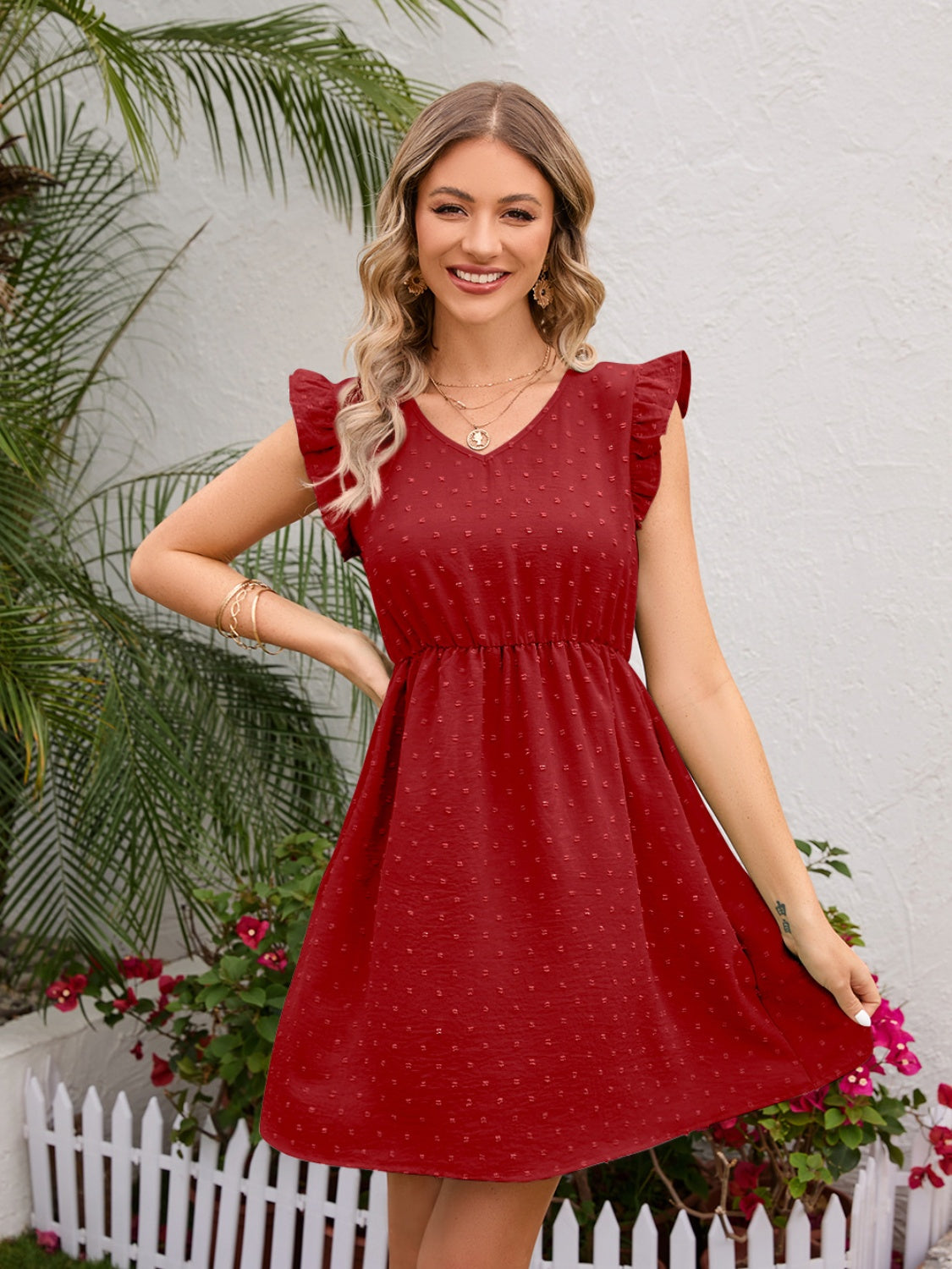 Swiss Dot Ruffled V-Neck Dress