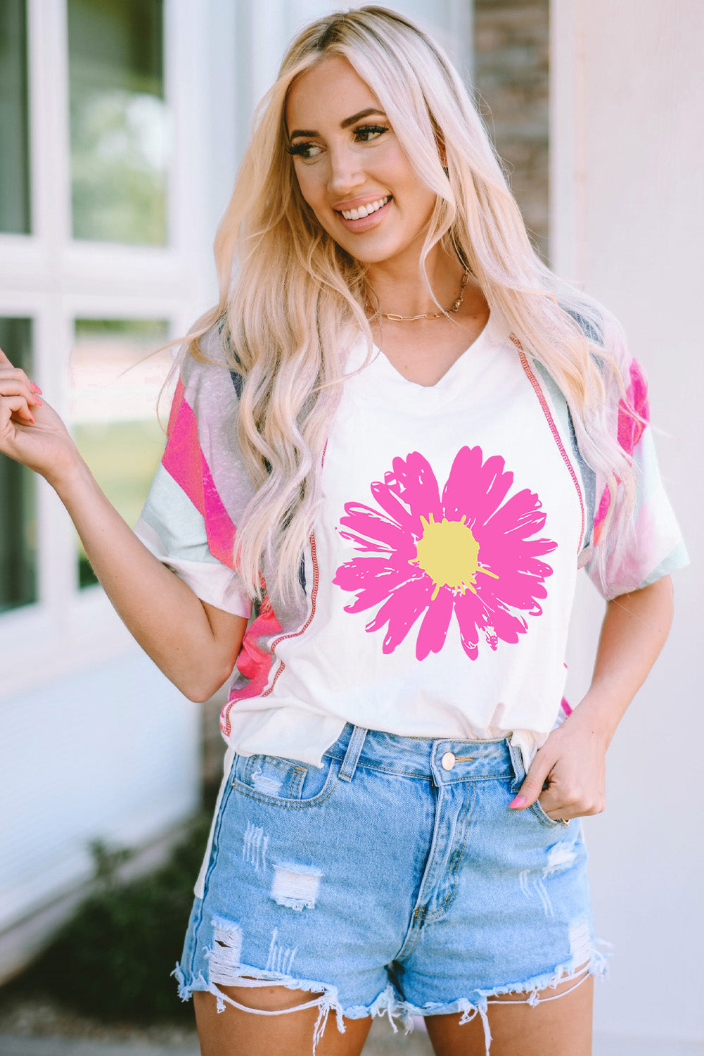 Daisy Graphic V-Neck Half Sleeve T-Shirt