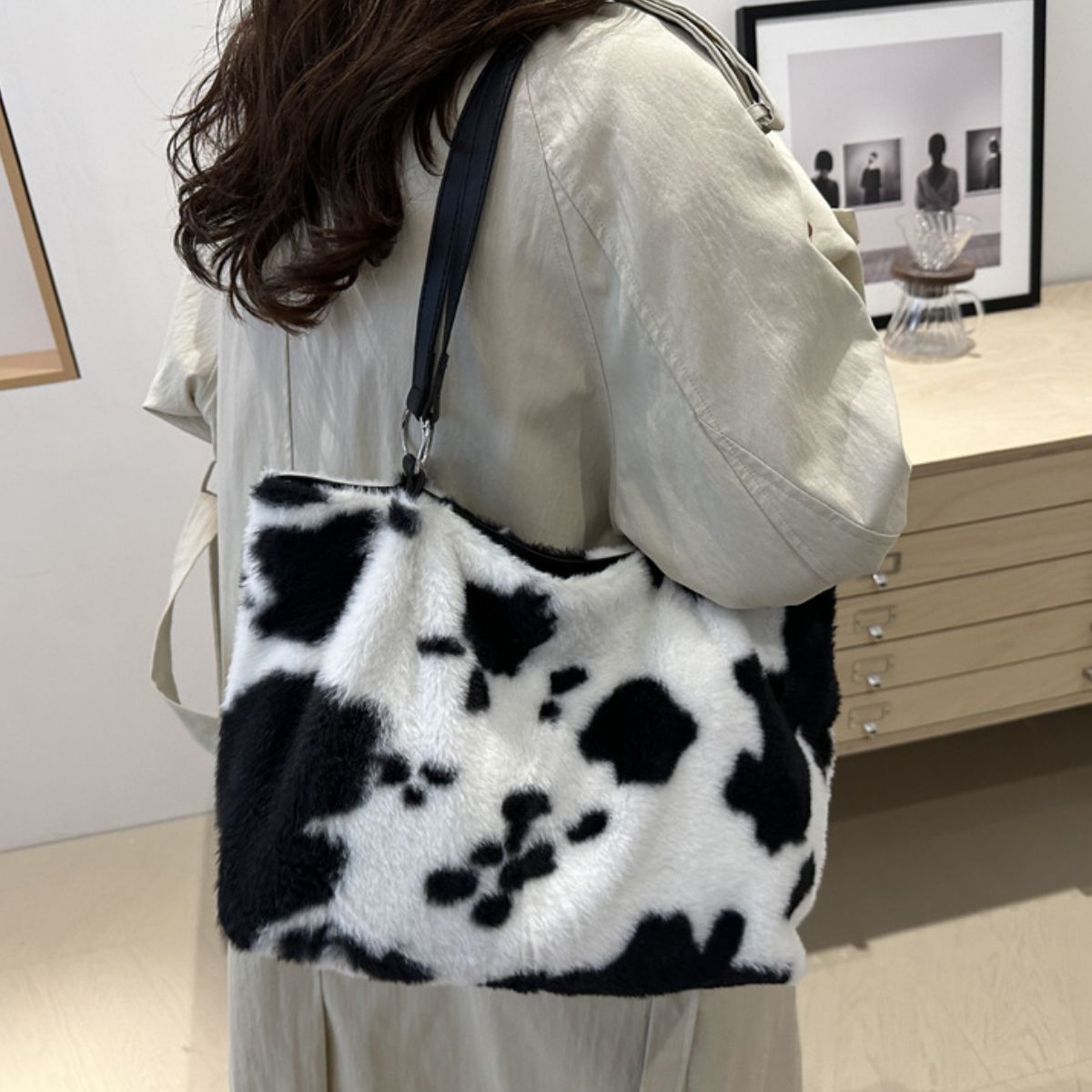 Cow Print Furry Tote Bag